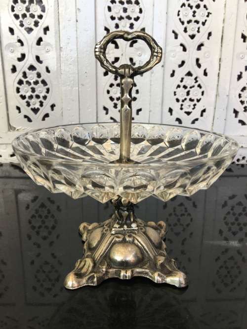 Large Vintage Japan Stamped Art Glass and Metal Compote, Detachable.