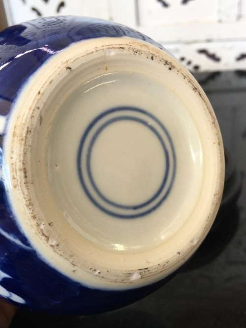 Chinese Prunus Ginger Jar on Carved Wood Stand, Hand Painted Under Glaze Kangxi Double Blue Ring