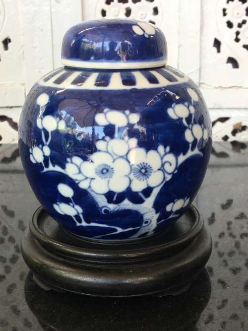 Chinese Prunus Ginger Jar on Carved Wood Stand, Hand Painted Under Glaze Kangxi Double Blue Ring