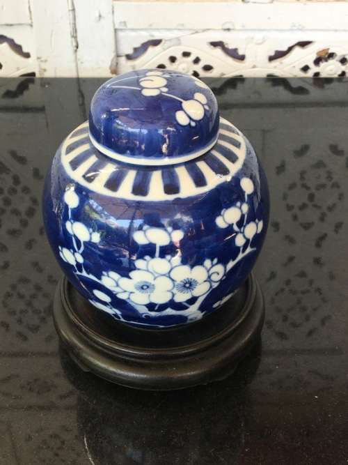 Chinese Prunus Ginger Jar on Carved Wood Stand, Hand Painted Under Glaze Kangxi Double Blue Ring