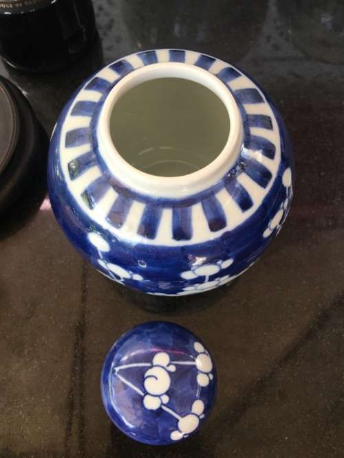 Chinese Prunus Ginger Jar on Carved Wood Stand, Hand Painted Under Glaze Kangxi Double Blue Ring