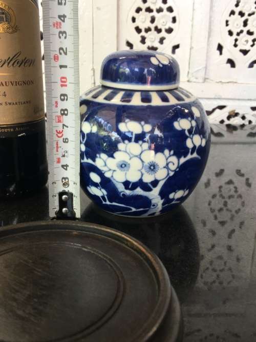 Chinese Prunus Ginger Jar on Carved Wood Stand, Hand Painted Under Glaze Kangxi Double Blue Ring