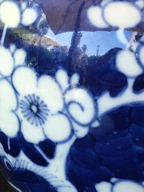 Chinese Prunus Ginger Jar on Carved Wood Stand, Hand Painted Under Glaze Kangxi Double Blue Ring