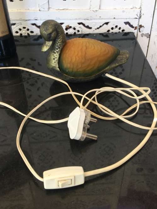 Duck Night Lamp Cast Bronzed Brass with Amber and Green Pressed Glass working 100%