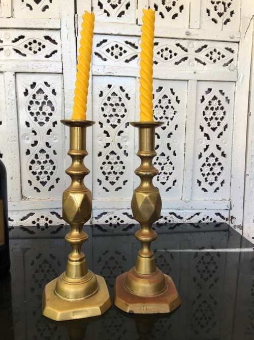Collectible Historic Pare Victorian `The Queen of Diamonds` Tarnished Brass \Copper Candle Lamps.