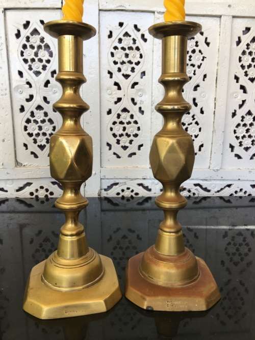 Collectible Historic Pare Victorian `The Queen of Diamonds` Tarnished Brass \Copper Candle Lamps.