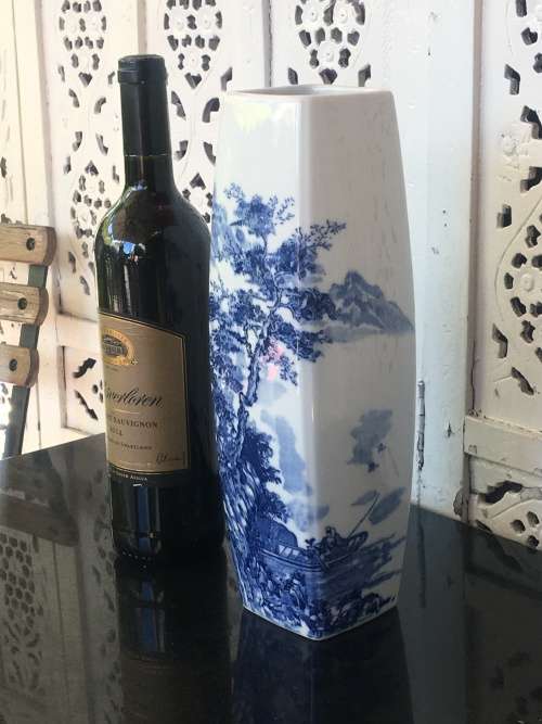 Signed Oriental Vase Hand Painted Under Glaze Blue