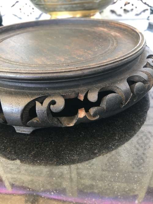 Large Antique Signed Chinese Brass Footed Bowl on Carved Wood Stand