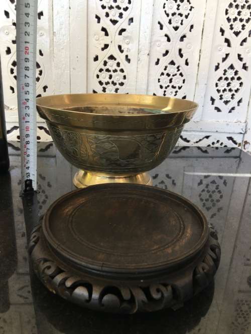 Large Antique Signed Chinese Brass Footed Bowl on Carved Wood Stand