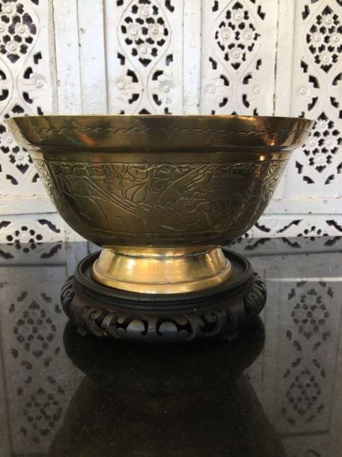 Large Antique Signed Chinese Brass Footed Bowl on Carved Wood Stand