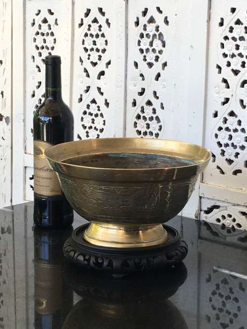 Large Antique Signed Chinese Brass Footed Bowl on Carved Wood Stand
