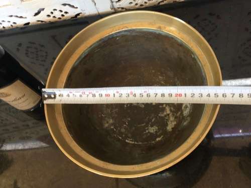 Large Antique Signed Chinese Brass Footed Bowl on Carved Wood Stand