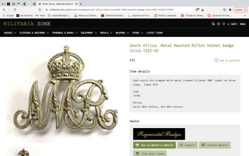 SOUTH AFRICAN MILITARY -  NATAL MOUNTED RIFLES CAP / BERET BADGE - circa 1922-43