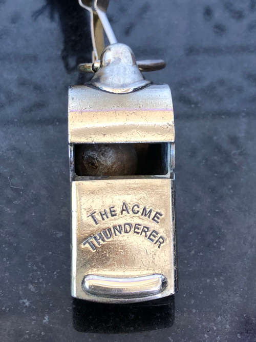 WOW !!! RARE 1940 ACME THUNDERER POLICE WHISTLE - ON A CUSTOM MADE LANYARD - J. HUDSON and Co