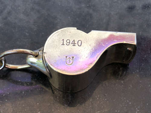 WOW !!! RARE 1940 ACME THUNDERER POLICE WHISTLE - ON A CUSTOM MADE LANYARD - J. HUDSON and Co