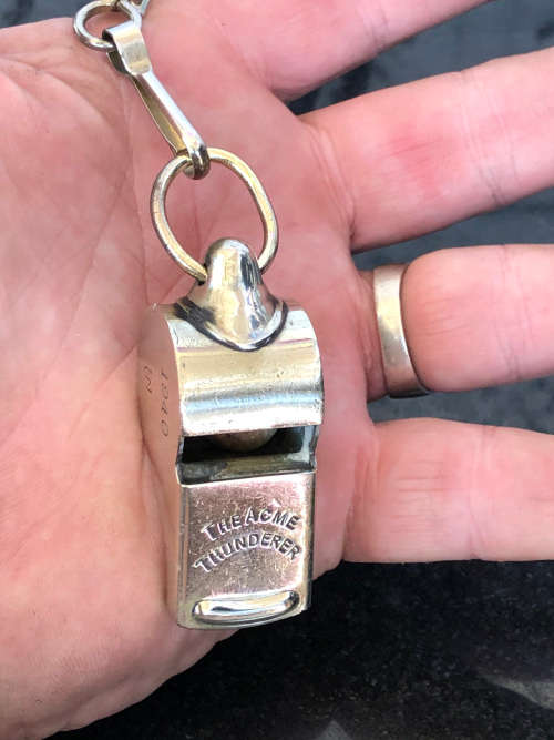WOW !!! RARE 1940 ACME THUNDERER POLICE WHISTLE - ON A CUSTOM MADE LANYARD - J. HUDSON and Co