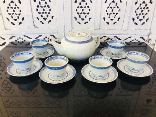 Lot of 14 pc Vintage Marked Chinese Rice Grain Pattern Blue Dragon Hand Painted Tea Set for 6