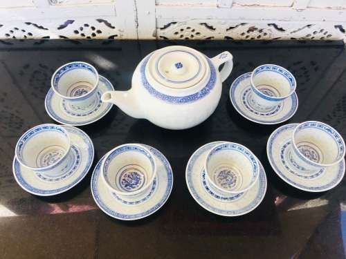 Lot of 14 pc Vintage Marked Chinese Rice Grain Pattern Blue Dragon Hand Painted Tea Set for 6