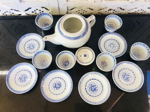 Lot of 14 pc Vintage Marked Chinese Rice Grain Pattern Blue Dragon Hand Painted Tea Set for 6
