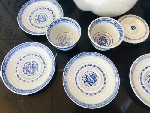 Lot of 14 pc Vintage Marked Chinese Rice Grain Pattern Blue Dragon Hand Painted Tea Set for 6