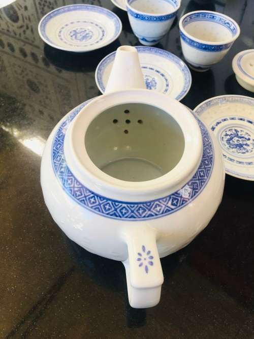 Lot of 14 pc Vintage Marked Chinese Rice Grain Pattern Blue Dragon Hand Painted Tea Set for 6