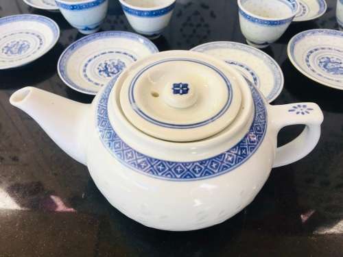 Lot of 14 pc Vintage Marked Chinese Rice Grain Pattern Blue Dragon Hand Painted Tea Set for 6