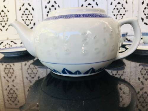 Lot of 14 pc Vintage Marked Chinese Rice Grain Pattern Blue Dragon Hand Painted Tea Set for 6