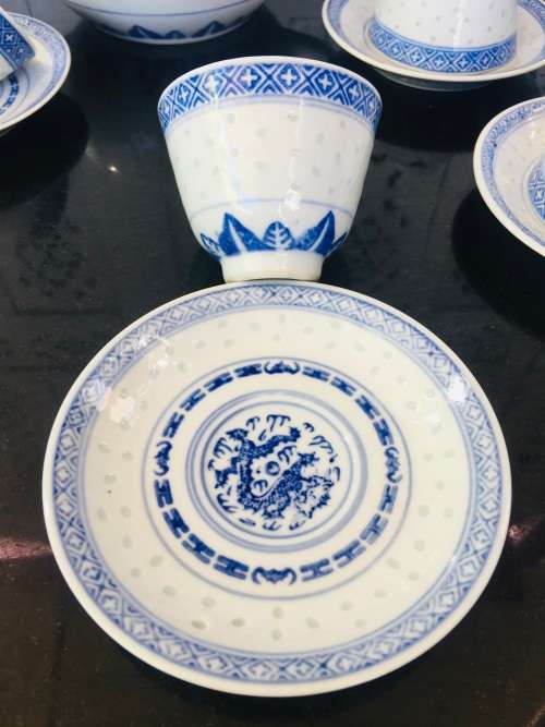 Lot of 14 pc Vintage Marked Chinese Rice Grain Pattern Blue Dragon Hand Painted Tea Set for 6