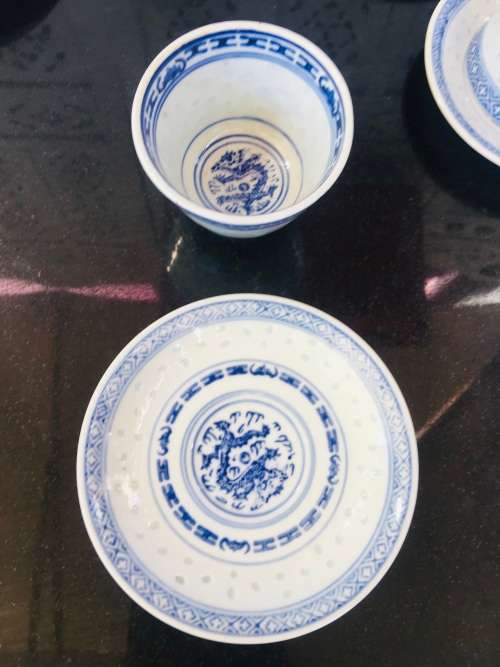 Lot of 14 pc Vintage Marked Chinese Rice Grain Pattern Blue Dragon Hand Painted Tea Set for 6