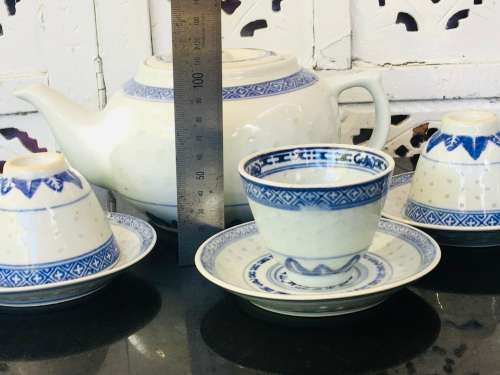 Lot of 14 pc Vintage Marked Chinese Rice Grain Pattern Blue Dragon Hand Painted Tea Set for 6