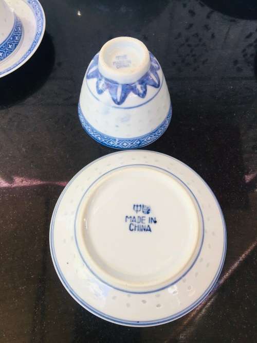 Lot of 14 pc Vintage Marked Chinese Rice Grain Pattern Blue Dragon Hand Painted Tea Set for 6