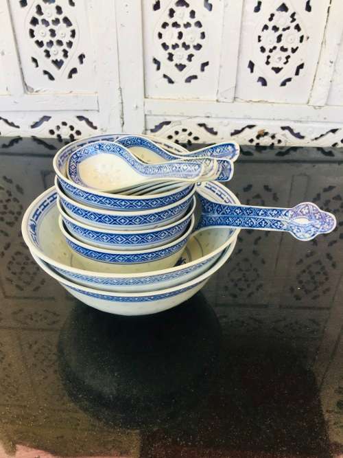 Lot of 13 pc Vintage Marked Chinese Rice Grain Pattern Blue Dragon Hand Painted Tableware