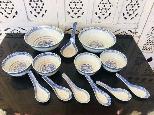 Lot of 13 pc Vintage Marked Chinese Rice Grain Pattern Blue Dragon Hand Painted Tableware