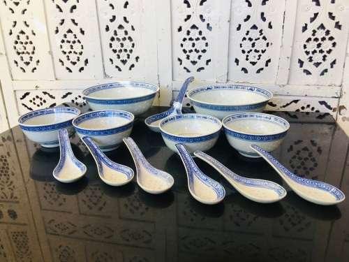 Lot of 13 pc Vintage Marked Chinese Rice Grain Pattern Blue Dragon Hand Painted Tableware