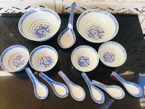 Lot of 13 pc Vintage Marked Chinese Rice Grain Pattern Blue Dragon Hand Painted Tableware