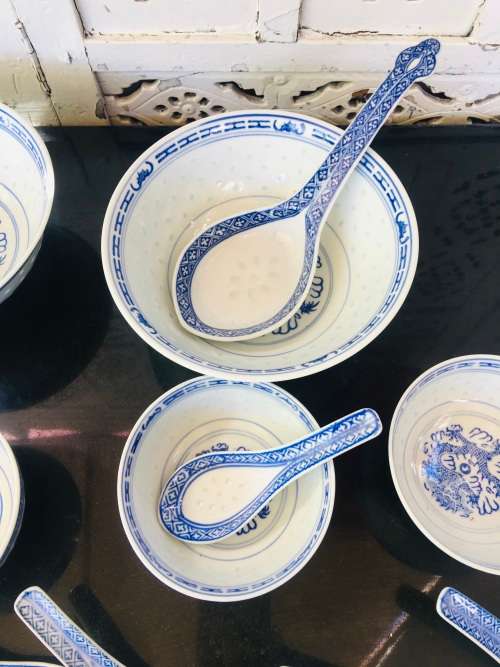 Lot of 13 pc Vintage Marked Chinese Rice Grain Pattern Blue Dragon Hand Painted Tableware