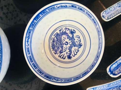 Lot of 13 pc Vintage Marked Chinese Rice Grain Pattern Blue Dragon Hand Painted Tableware