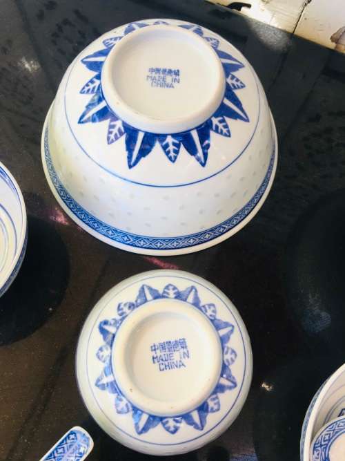 Lot of 13 pc Vintage Marked Chinese Rice Grain Pattern Blue Dragon Hand Painted Tableware