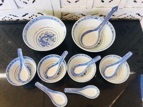 Lot of 13 pc Vintage Marked Chinese Rice Grain Pattern Blue Dragon Hand Painted Tableware
