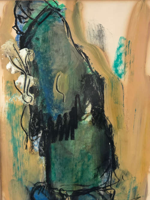 INVESTMENT ART !! FRANS CLAERHOUT (SA 1919 - 2006) - FRAMED ORIGINAL MIXED MEDIA - LADY WITH FLOWERS