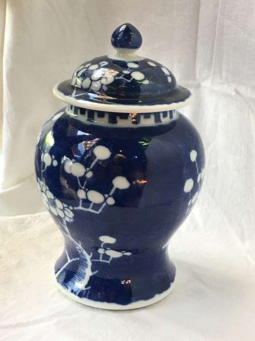 Chinese Porcelain Kangxi Mark Double Blue Ring Prunus Lidded Urn, Hand Painted Under Glaze.