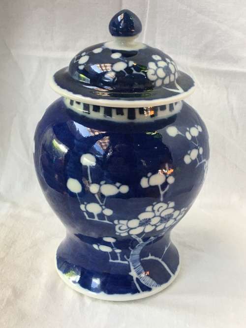 Chinese Porcelain Kangxi Mark Double Blue Ring Prunus Lidded Urn, Hand Painted Under Glaze.