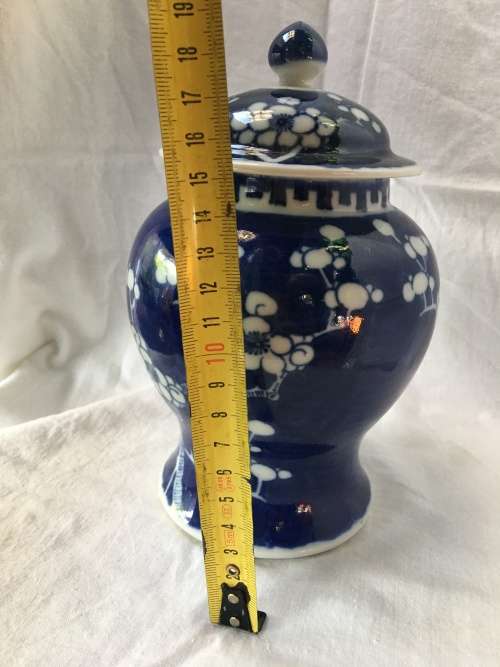 Chinese Porcelain Kangxi Mark Double Blue Ring Prunus Lidded Urn, Hand Painted Under Glaze.