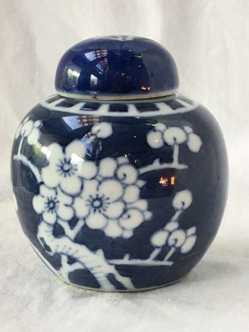 Chinese Porcelain Kangxi Mark Double Blue Ring Prunus Lidded Ginger Jar, Hand Painted Under Glaze.