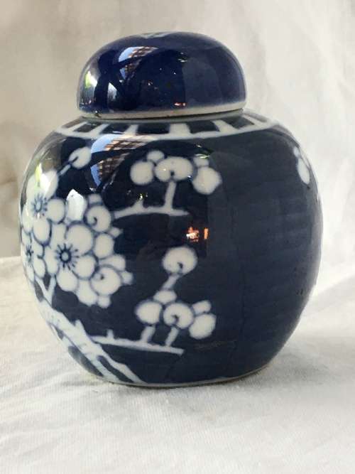 Chinese Porcelain Kangxi Mark Double Blue Ring Prunus Lidded Ginger Jar, Hand Painted Under Glaze.