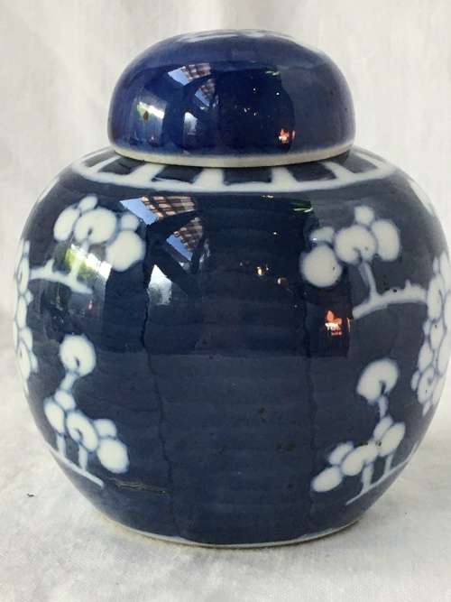 Chinese Porcelain Kangxi Mark Double Blue Ring Prunus Lidded Ginger Jar, Hand Painted Under Glaze.