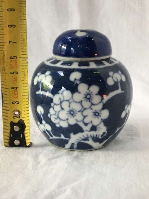 Chinese Porcelain Kangxi Mark Double Blue Ring Prunus Lidded Ginger Jar, Hand Painted Under Glaze.