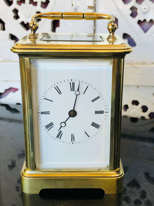 WOW !!! ANTIQUE FRENCH BRASS AND GLASS CARRIAGE CLOCK - NEEDS A SERVICE