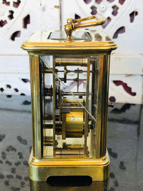 WOW !!! ANTIQUE FRENCH BRASS AND GLASS CARRIAGE CLOCK - NEEDS A SERVICE