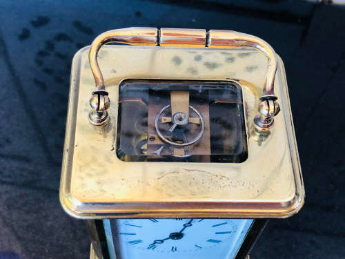 WOW !!! ANTIQUE FRENCH BRASS AND GLASS CARRIAGE CLOCK - NEEDS A SERVICE